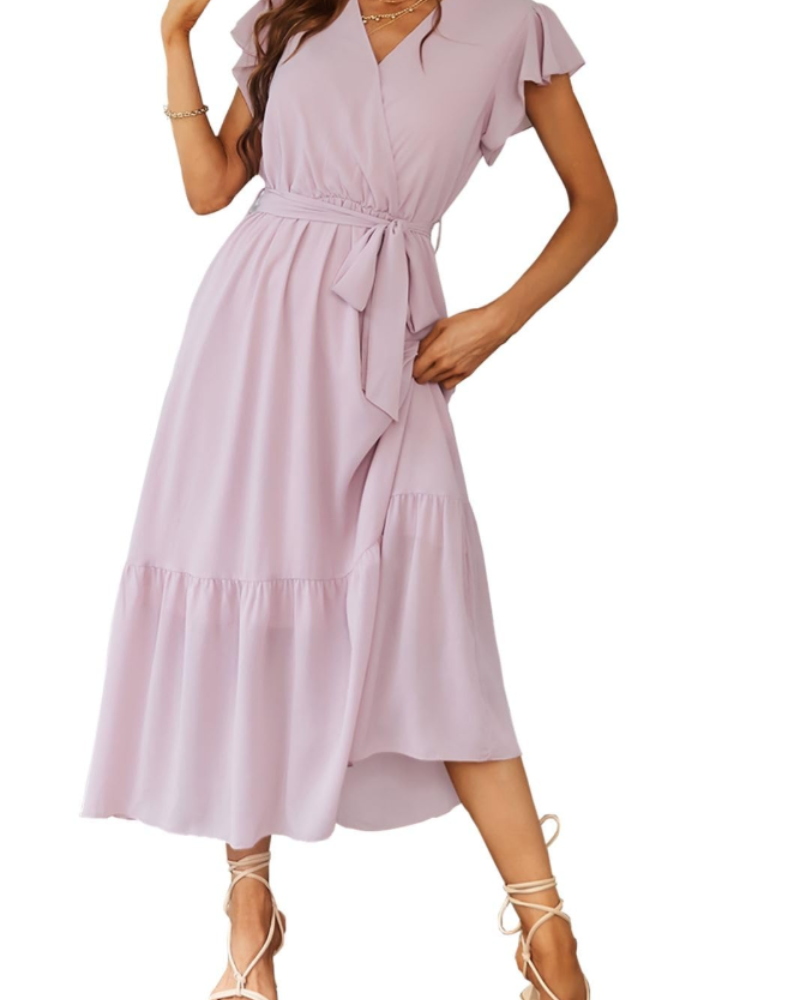 Women chiffon maxi dress floral bohemian V neck with flutter sleeves and ruffled hem