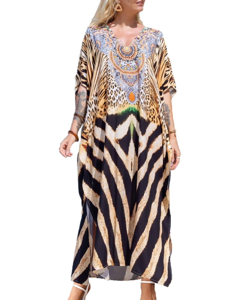 Women's kaftan dress bohemian beach cover-up V-neck maxi wide sleeves