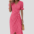 Women's floral midi dress with V-neck, puff sleeves and ruched waist, A-line summer style