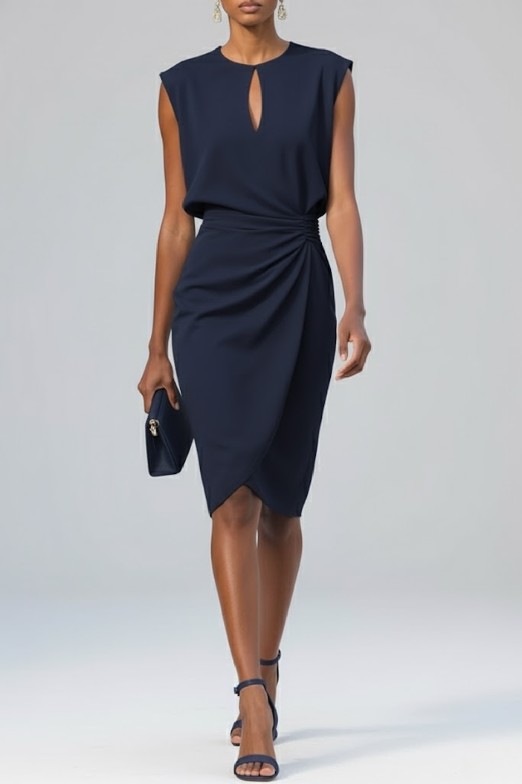 Women's midi dress with keyhole neckline and ruching detail, summer occasion