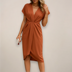 Women wrap midi dress short sleeve V-neck gathered waist all season