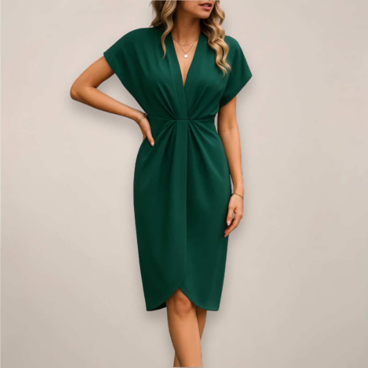 Women wrap midi dress short sleeve V-neck gathered waist all season