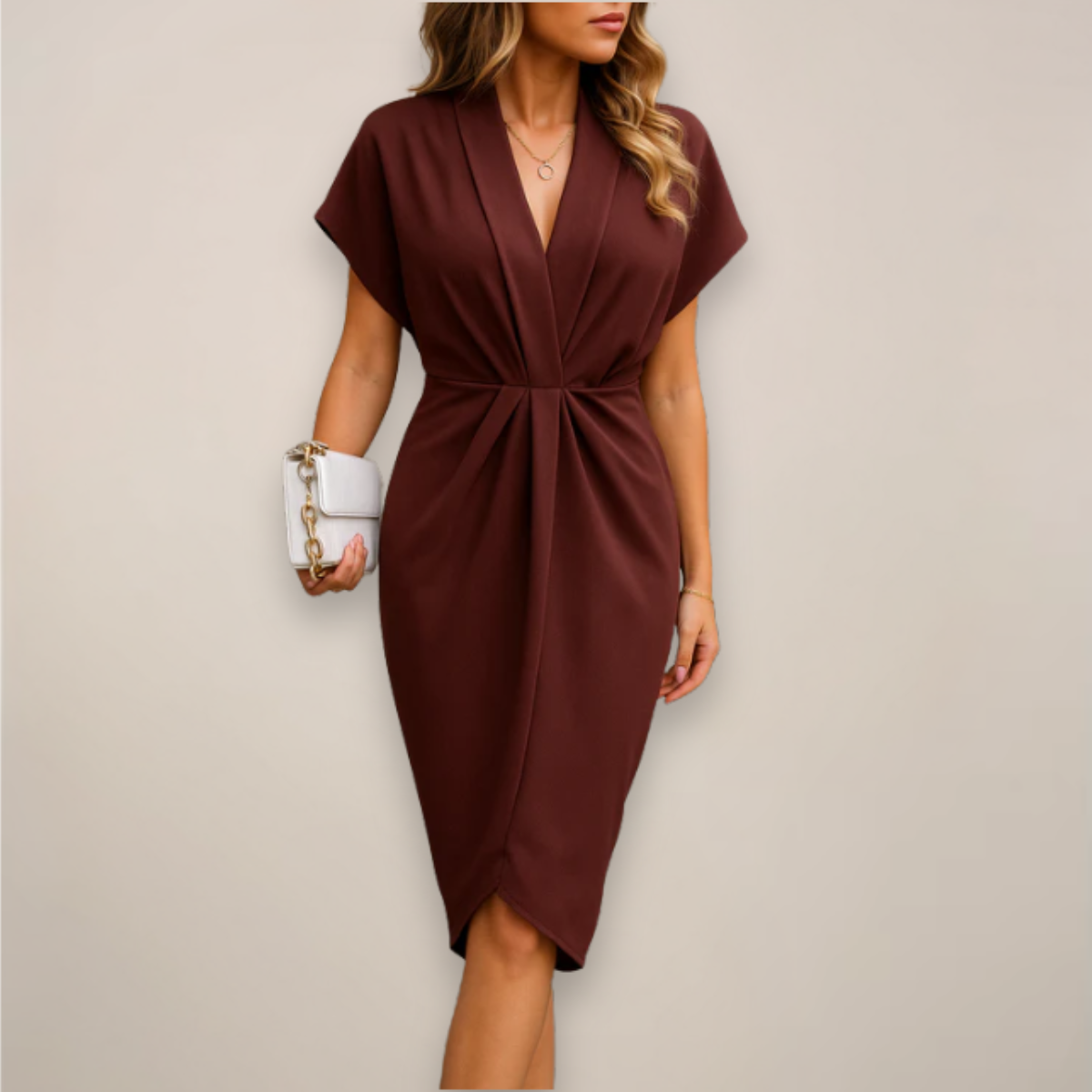 Women wrap midi dress short sleeve V-neck gathered waist all season