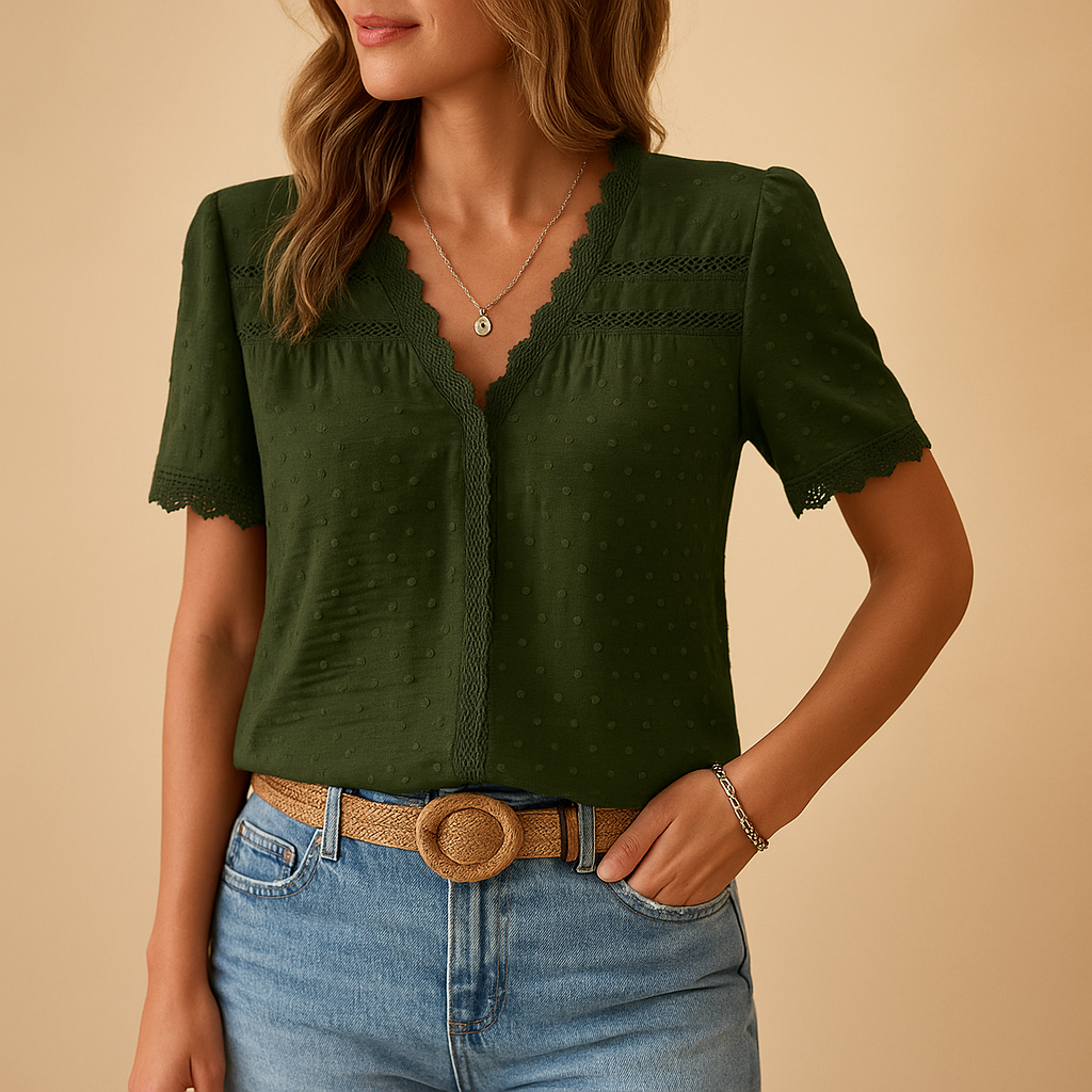 Women V-Neck Lace Trim Blouse short sleeve textured dot fabric casual top