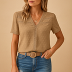 Women V-Neck Lace Trim Blouse short sleeve textured dot fabric casual top