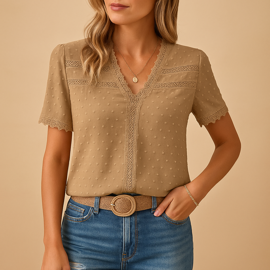 Women V-Neck Lace Trim Blouse short sleeve textured dot fabric casual top