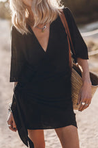 Women linen blend wrap mini dress asymmetric hem tie waist