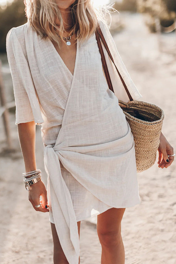 Women linen blend wrap mini dress asymmetric hem tie waist