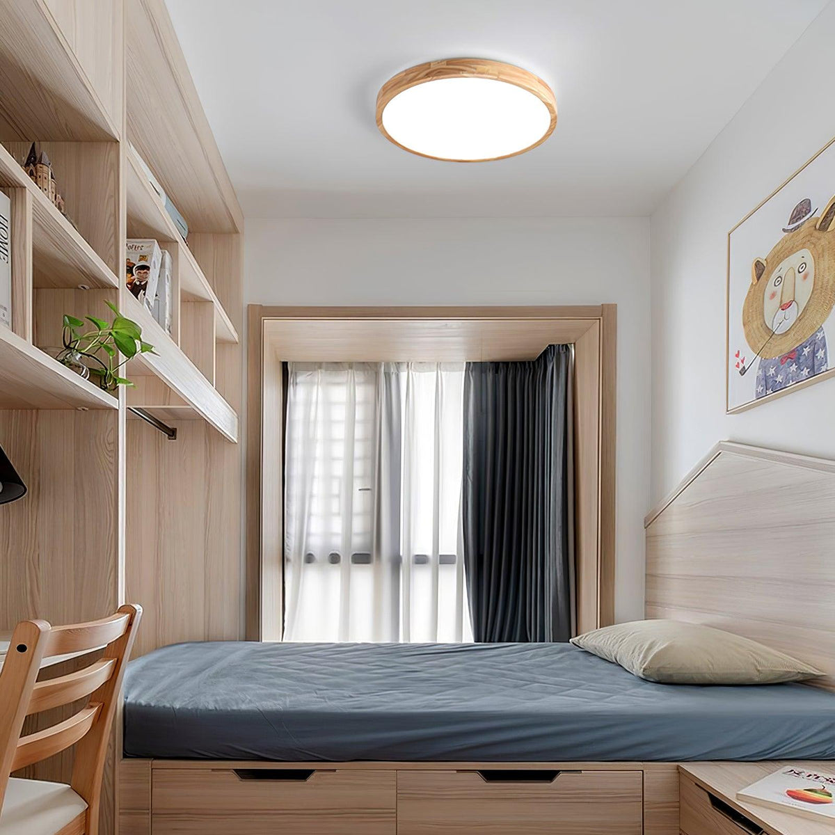 Flush mount ceiling light Nordic round wood LED 18W, 30cm diameter