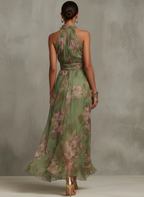 Women's maxi dress halter neck green floral print, full length