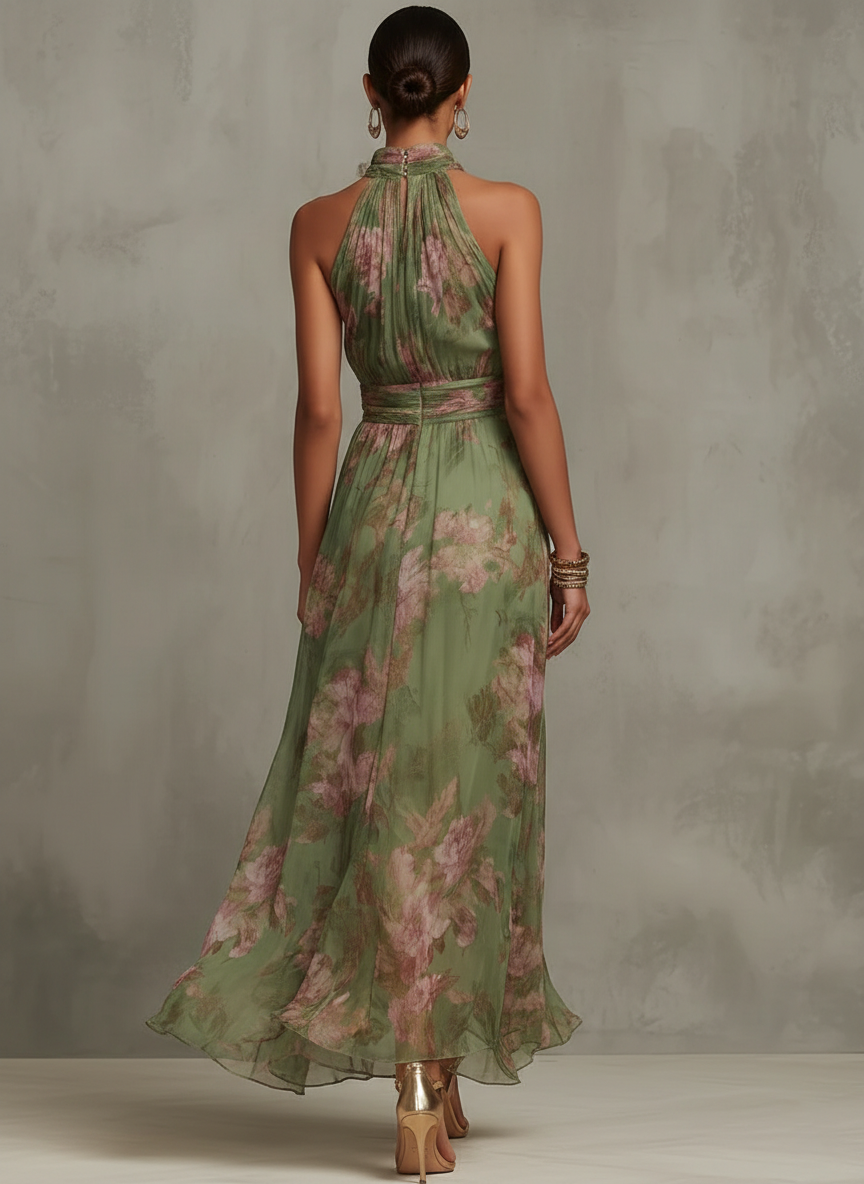 Women's maxi dress halter neck green floral print, full length