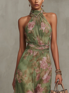 Women's maxi dress halter neck green floral print, full length