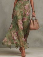 Women's maxi dress halter neck green floral print, full length