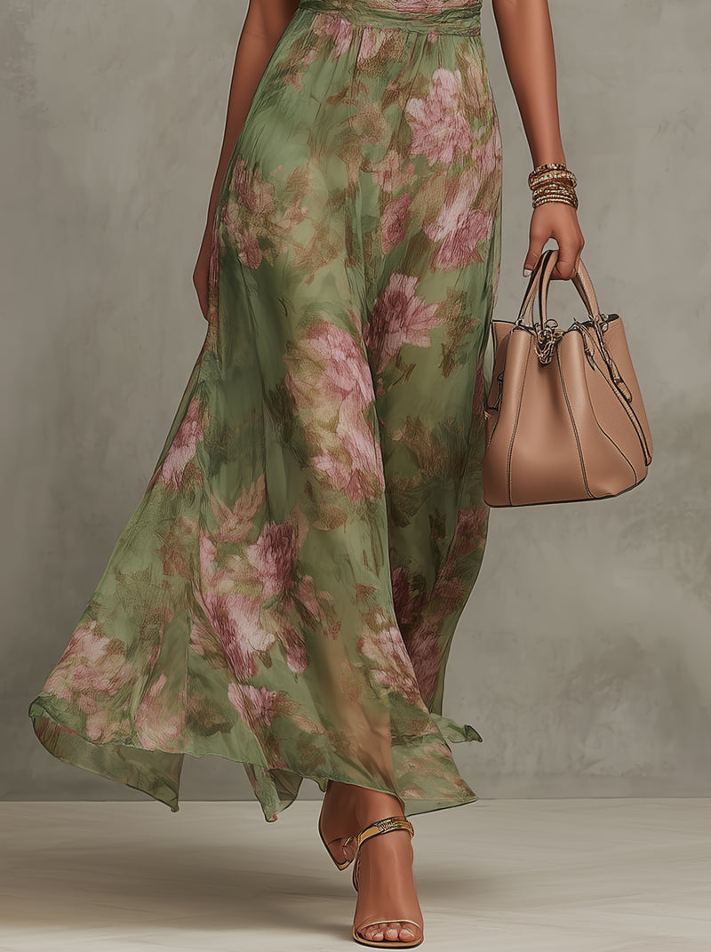 Women's maxi dress halter neck green floral print, full length