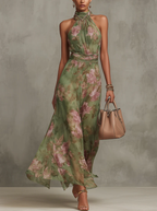 Women's maxi dress halter neck green floral print, full length