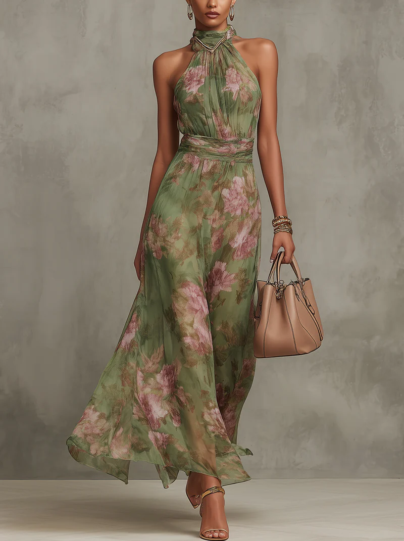 Women's maxi dress halter neck green floral print, full length