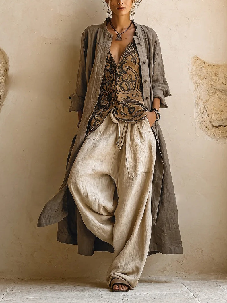 Women's linen 3-piece set with wide-leg pants, printed top and open cardigan, cotton blend