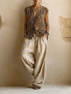 Women's linen 3-piece set with wide-leg pants, printed top and open cardigan, cotton blend