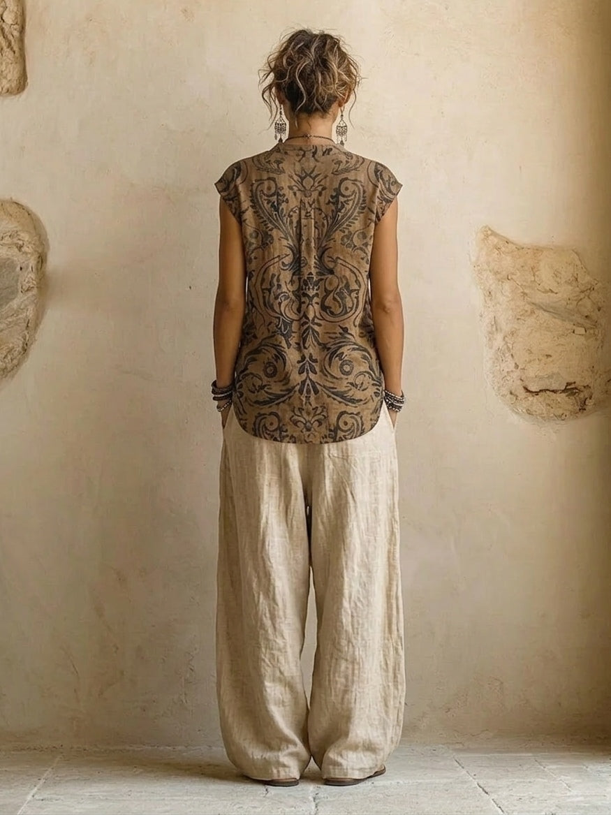 Women's linen 3-piece set with wide-leg pants, printed top and open cardigan, cotton blend