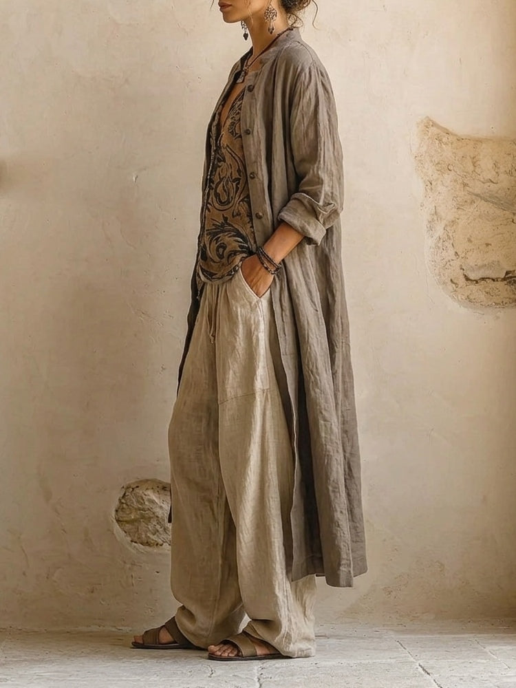 Women's linen 3-piece set with wide-leg pants, printed top and open cardigan, cotton blend