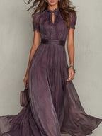 Women's violet maxi dress with keyhole neckline, lace accents and sheer sleeves