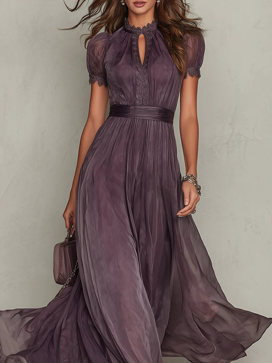 Women's violet maxi dress with keyhole neckline, lace accents and sheer sleeves