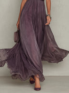 Women's violet maxi dress with keyhole neckline, lace accents and sheer sleeves