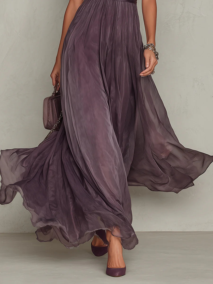 Women's violet maxi dress with keyhole neckline, lace accents and sheer sleeves