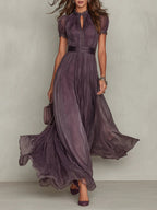 Women's violet maxi dress with keyhole neckline, lace accents and sheer sleeves