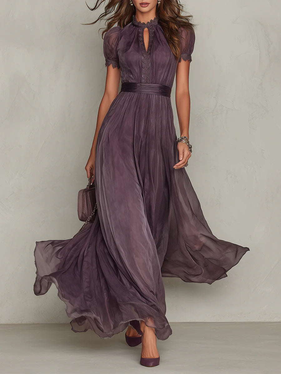 Women's violet maxi dress with keyhole neckline, lace accents and sheer sleeves