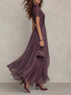 Women's violet maxi dress with keyhole neckline, lace accents and sheer sleeves