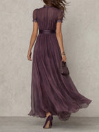 Women's violet maxi dress with keyhole neckline, lace accents and sheer sleeves