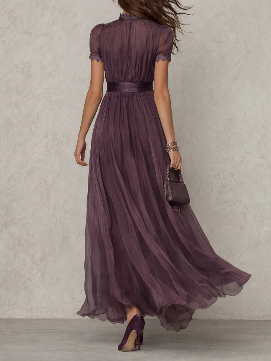 Women's violet maxi dress with keyhole neckline, lace accents and sheer sleeves