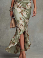 Women's floral satin midi dress with deep V-neckline and ruched waist