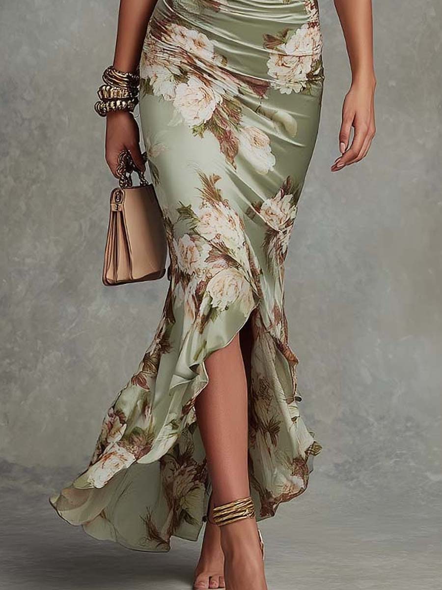 Women's floral satin midi dress with deep V-neckline and ruched waist