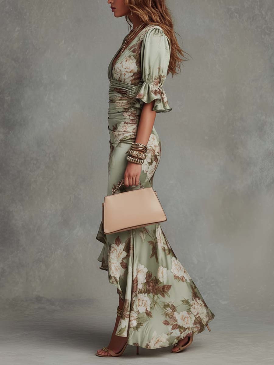 Women's floral satin midi dress with deep V-neckline and ruched waist