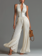 Women's white wide-leg jumpsuit with deep V-neck and sleeveless cut