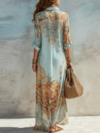 Women maxi shirt dress coastal Mediterranean print fluid silhouette