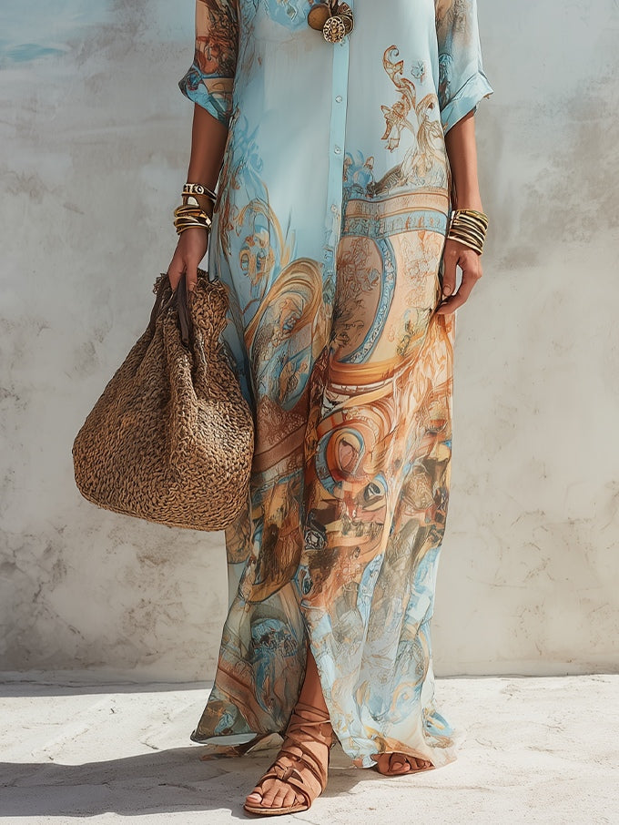 Women maxi shirt dress coastal Mediterranean print fluid silhouette
