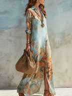 Women maxi shirt dress coastal Mediterranean print fluid silhouette