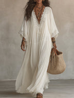 Women chiffon lace maxi dress bohemian V-neck tiered flowy ivory