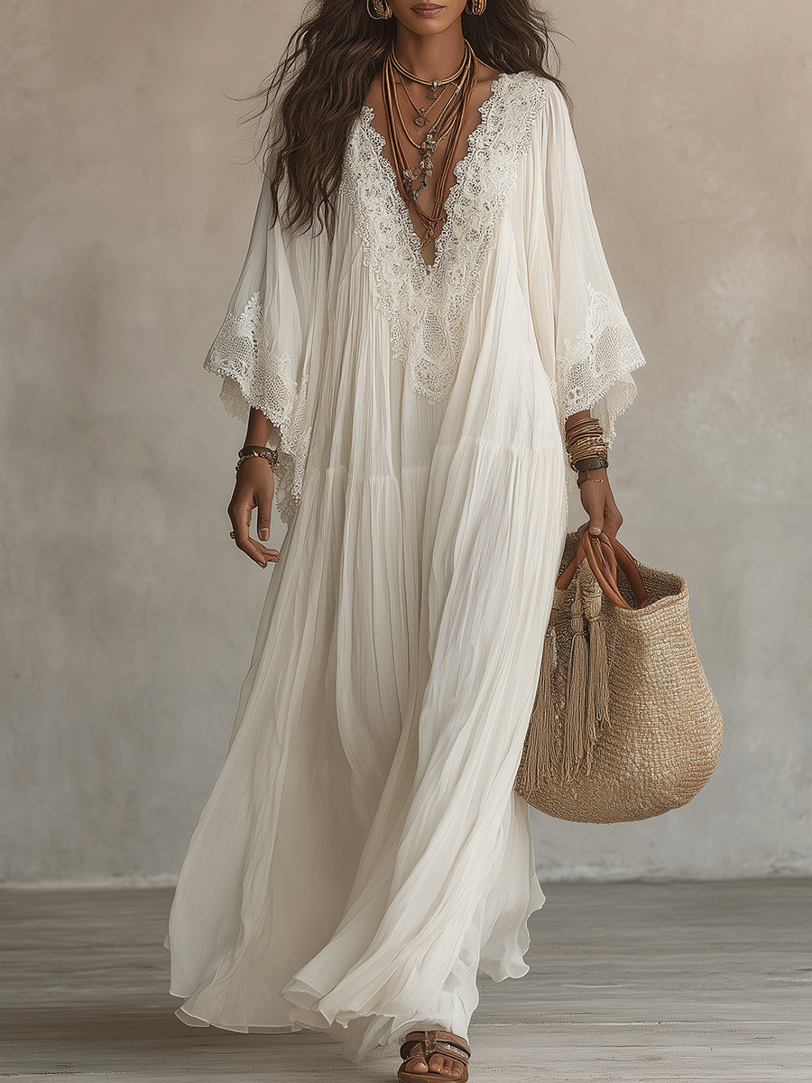 Women chiffon lace maxi dress bohemian V-neck tiered flowy ivory