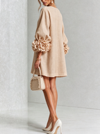 Women's linen mini shift dress with puff long sleeves and button-front closure, relaxed fit
