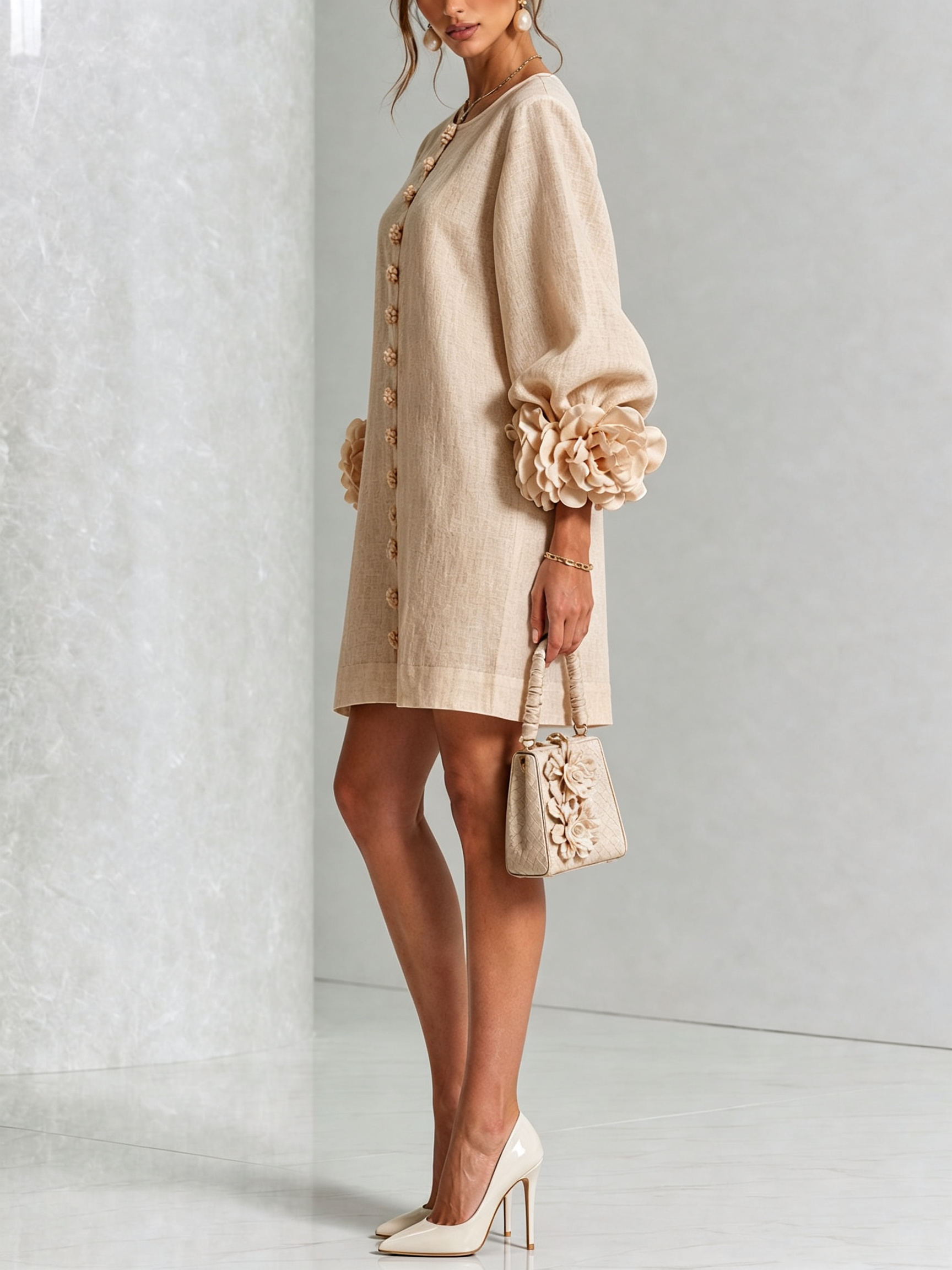 Women's linen mini shift dress with puff long sleeves and button-front closure, relaxed fit