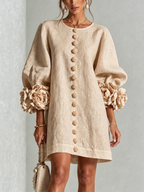 Women's linen mini shift dress with puff long sleeves and button-front closure, relaxed fit