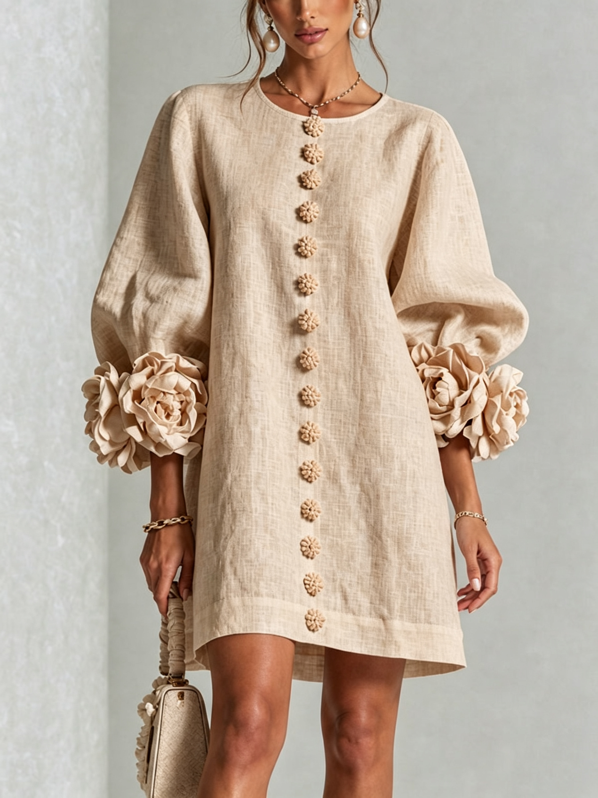Women's linen mini shift dress with puff long sleeves and button-front closure, relaxed fit