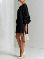 Women's linen mini shift dress with puff long sleeves and button-front closure, relaxed fit