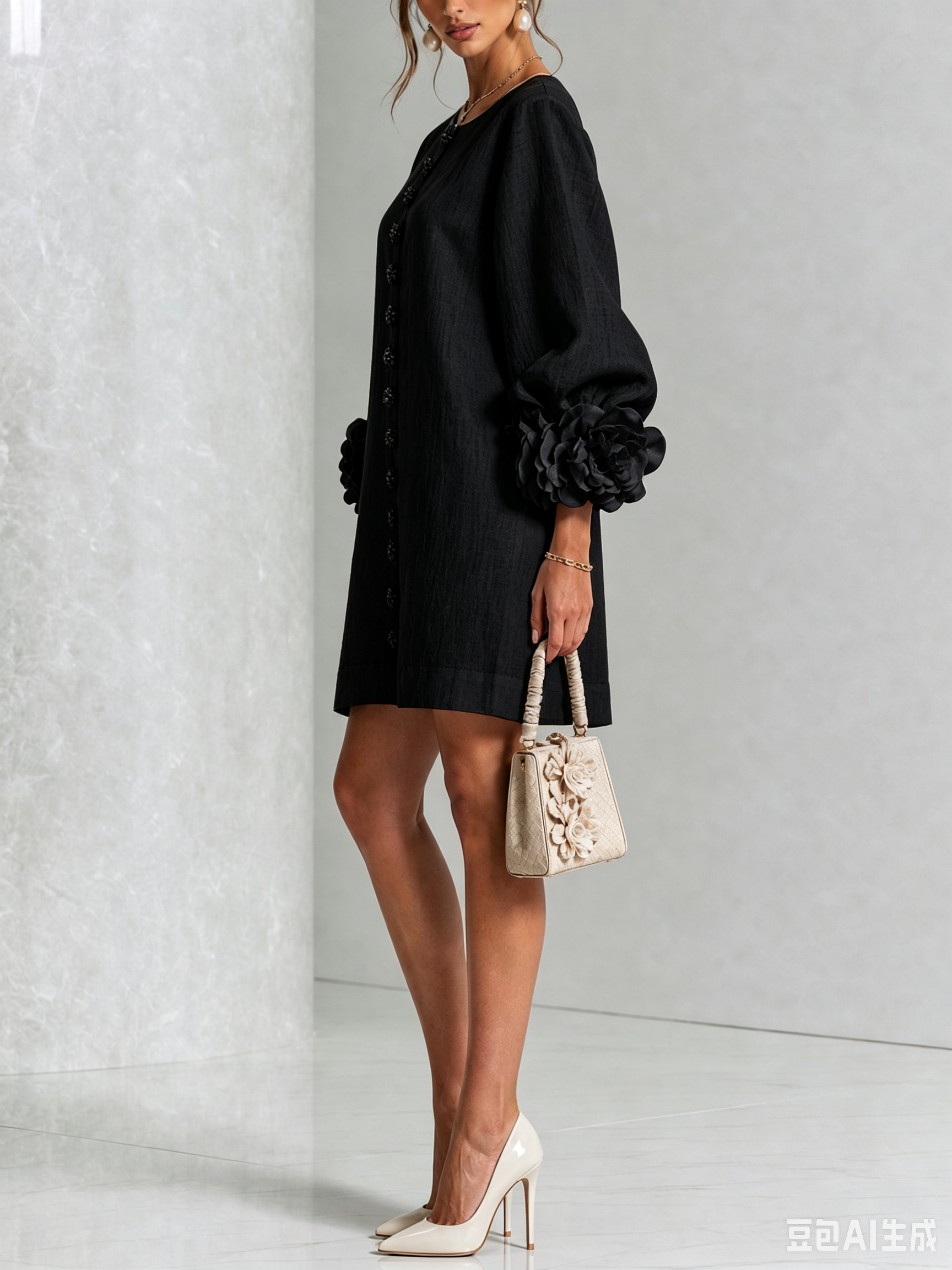 Women's linen mini shift dress with puff long sleeves and button-front closure, relaxed fit