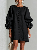Women's linen mini shift dress with puff long sleeves and button-front closure, relaxed fit