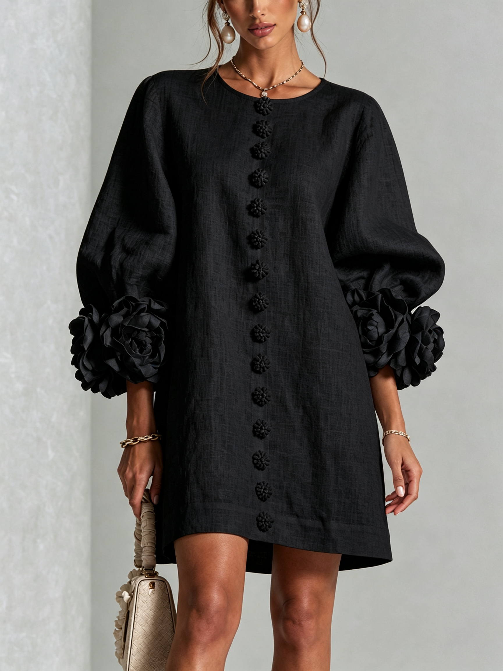 Women's linen mini shift dress with puff long sleeves and button-front closure, relaxed fit